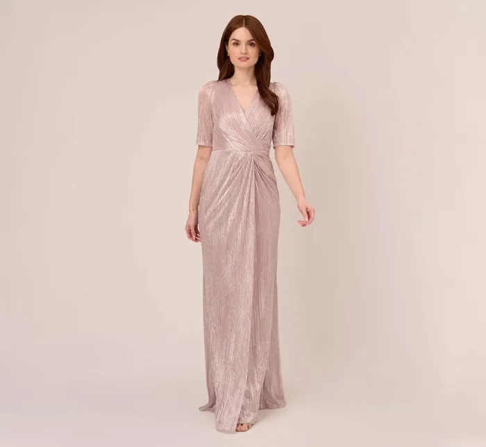 Adrianna Papell Foiled Metallic Mesh Faux Wrap Long Gown In Blush Blush Women Long Dresses Adrianna Papell Foiled Metallic Mesh Faux Wrap Long Gown In Blush Blush Women Long Dresses