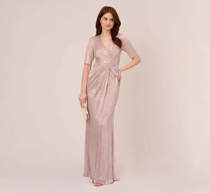 Adrianna Papell Foiled Metallic Mesh Faux Wrap Long Gown In Blush Blush Women Long Dresses Adrianna Papell Foiled Metallic Mesh Faux Wrap Long Gown In Blush Blush Women Long Dresses