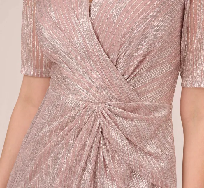 Adrianna Papell Foiled Metallic Mesh Faux Wrap Long Gown In Blush Blush Women Long Dresses Adrianna Papell Foiled Metallic Mesh Faux Wrap Long Gown In Blush Blush Women Long Dresses