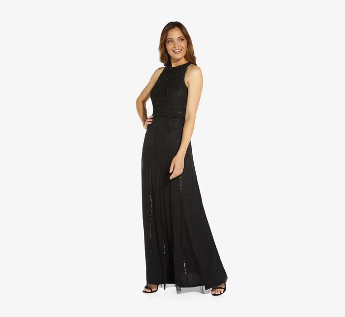 Adrianna Papell Halter HandBeaded Blouson Gown With Keyhole Back In Black Black Women Long Dresses Adrianna Papell Halter HandBeaded Blouson Gown With Keyhole Back In Black Black Women Long Dresses