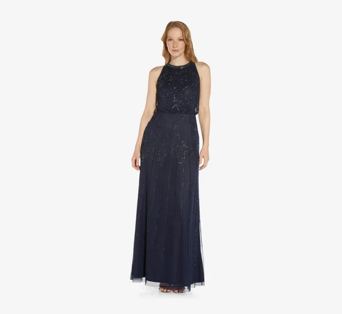 Adrianna Papell Halter HandBeaded Blouson Gown With Keyhole Back In Black Black Women Long Dresses Adrianna Papell Halter HandBeaded Blouson Gown With Keyhole Back In Black Black Women Long Dresses