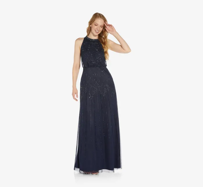 Adrianna Papell Halter HandBeaded Blouson Gown With Keyhole Back In Black Black Women Long Dresses Adrianna Papell Halter HandBeaded Blouson Gown With Keyhole Back In Black Black Women Long Dresses
