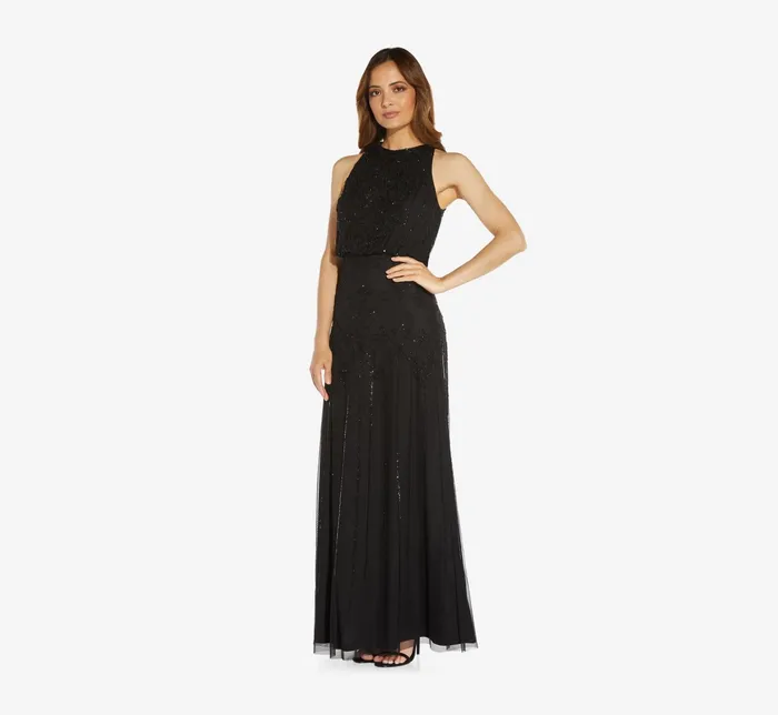 Adrianna Papell Halter HandBeaded Blouson Gown With Keyhole Back In Black Black Women Long Dresses Adrianna Papell Halter HandBeaded Blouson Gown With Keyhole Back In Black Black Women Long Dresses