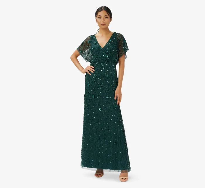 Adrianna Papell HandBeaded 3D Floral Blouson Long Gown In Dusty Emerald Dusty Emerald Women Floral Dresses Adrianna Papell HandBeaded 3D Floral Blouson Long Gown In Dusty Emerald Dusty Emerald Women Floral Dresses