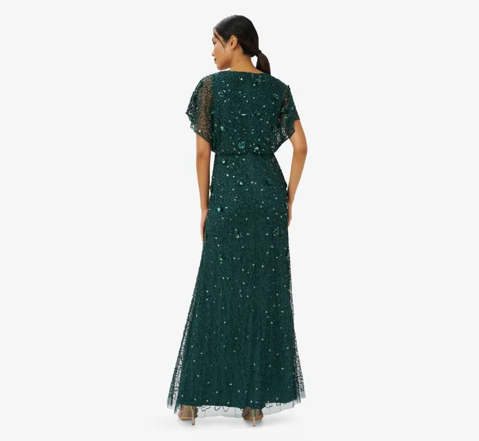 Adrianna Papell HandBeaded 3D Floral Blouson Long Gown In Dusty Emerald Dusty Emerald Women Floral Dresses Adrianna Papell HandBeaded 3D Floral Blouson Long Gown In Dusty Emerald Dusty Emerald Women Floral Dresses