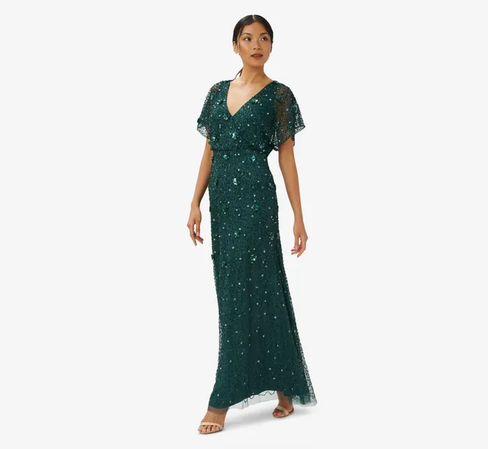 Adrianna Papell HandBeaded 3D Floral Blouson Long Gown In Dusty Emerald Dusty Emerald Women Floral Dresses Adrianna Papell HandBeaded 3D Floral Blouson Long Gown In Dusty Emerald Dusty Emerald Women Floral Dresses