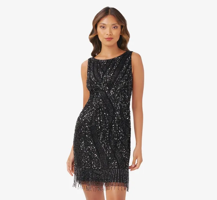 Adrianna Papell HandBeaded And Fringe Short Sheath Cocktail Dress In Black Black Women Cocktail Dresses Adrianna Papell HandBeaded And Fringe Short Sheath Cocktail Dress In Black Black Women Cocktail Dresses