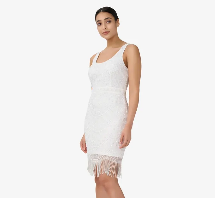 Adrianna Papell HandBeaded And Fringed Short Sheath Cocktail Dress In Ivory Ivory Women Short Wedding Dresses Adrianna Papell HandBeaded And Fringed Short Sheath Cocktail Dress In Ivory Ivory Women Short Wedding Dresses