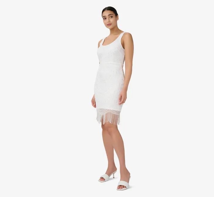 Adrianna Papell HandBeaded And Fringed Short Sheath Cocktail Dress In Ivory Ivory Women Short Wedding Dresses Adrianna Papell HandBeaded And Fringed Short Sheath Cocktail Dress In Ivory Ivory Women Short Wedding Dresses