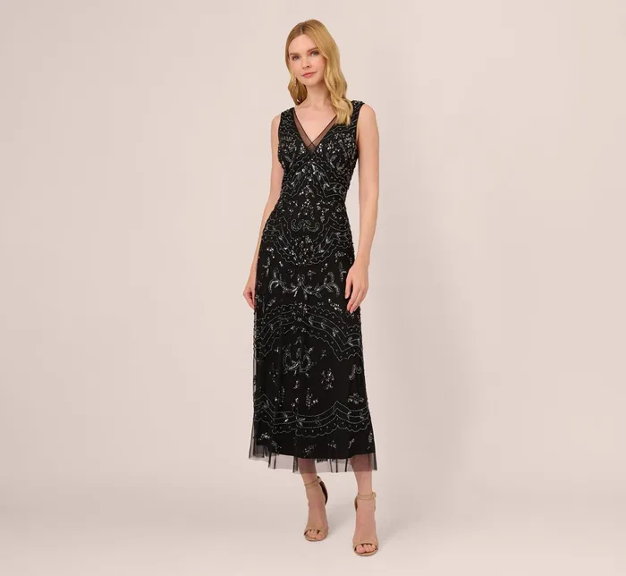 Adrianna Papell HandBeaded AnkleLength Dress In Black Gunmetal BlackGunmetal Women Long Dresses Adrianna Papell HandBeaded AnkleLength Dress In Black Gunmetal BlackGunmetal Women Long Dresses