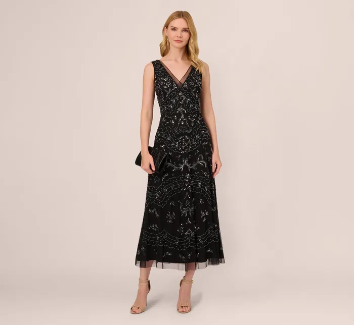 Adrianna Papell HandBeaded AnkleLength Dress In Black Gunmetal BlackGunmetal Women Long Dresses Adrianna Papell HandBeaded AnkleLength Dress In Black Gunmetal BlackGunmetal Women Long Dresses