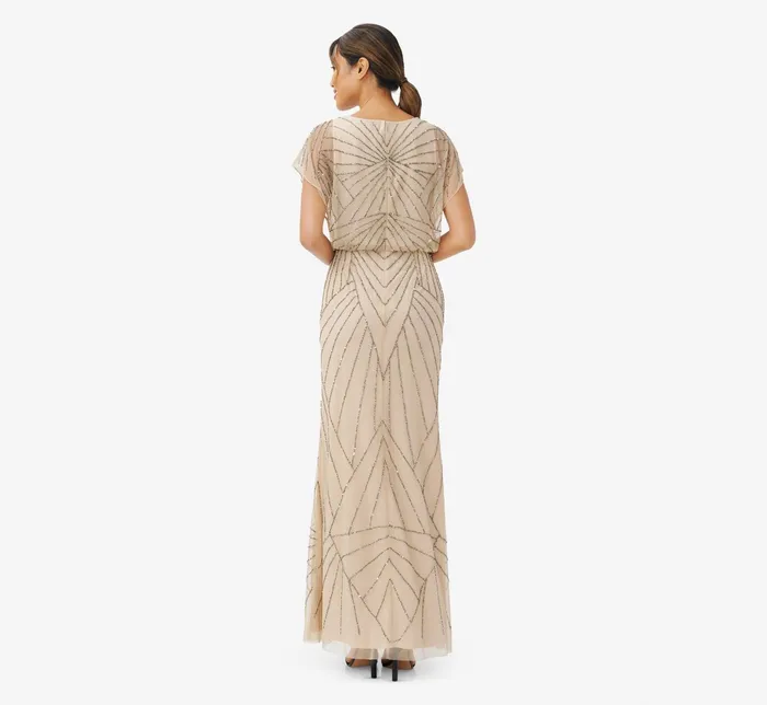 Adrianna Papell HandBeaded Blouson Long Gown With Flutter Sleeves In Blush Blush Women Long Dresses Adrianna Papell HandBeaded Blouson Long Gown With Flutter Sleeves In Blush Blush Women Long Dresses