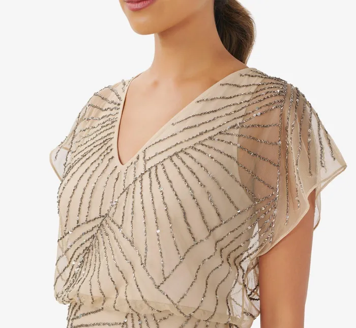 Adrianna Papell HandBeaded Blouson Long Gown With Flutter Sleeves In Blush Blush Women Long Dresses Adrianna Papell HandBeaded Blouson Long Gown With Flutter Sleeves In Blush Blush Women Long Dresses