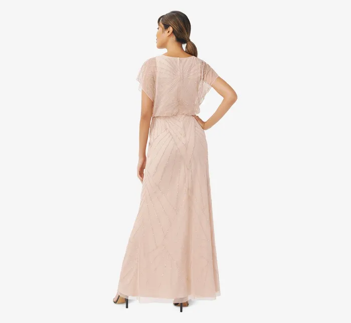 Adrianna Papell HandBeaded Blouson Long Gown With Flutter Sleeves In Blush Blush Women Long Dresses Adrianna Papell HandBeaded Blouson Long Gown With Flutter Sleeves In Blush Blush Women Long Dresses