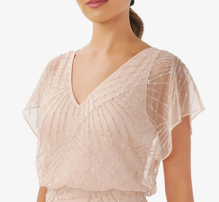 Adrianna Papell HandBeaded Blouson Long Gown With Flutter Sleeves In Blush Blush Women Long Dresses Adrianna Papell HandBeaded Blouson Long Gown With Flutter Sleeves In Blush Blush Women Long Dresses