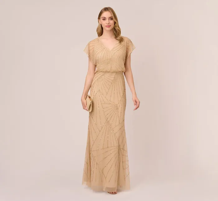 Adrianna Papell HandBeaded Blouson Long Gown With Flutter Sleeves In Blush Blush Women Long Dresses Adrianna Papell HandBeaded Blouson Long Gown With Flutter Sleeves In Blush Blush Women Long Dresses