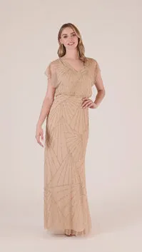 Adrianna Papell HandBeaded Blouson Long Gown With Flutter Sleeves In Blush Blush Women Long Dresses Adrianna Papell HandBeaded Blouson Long Gown With Flutter Sleeves In Blush Blush Women Long Dresses
