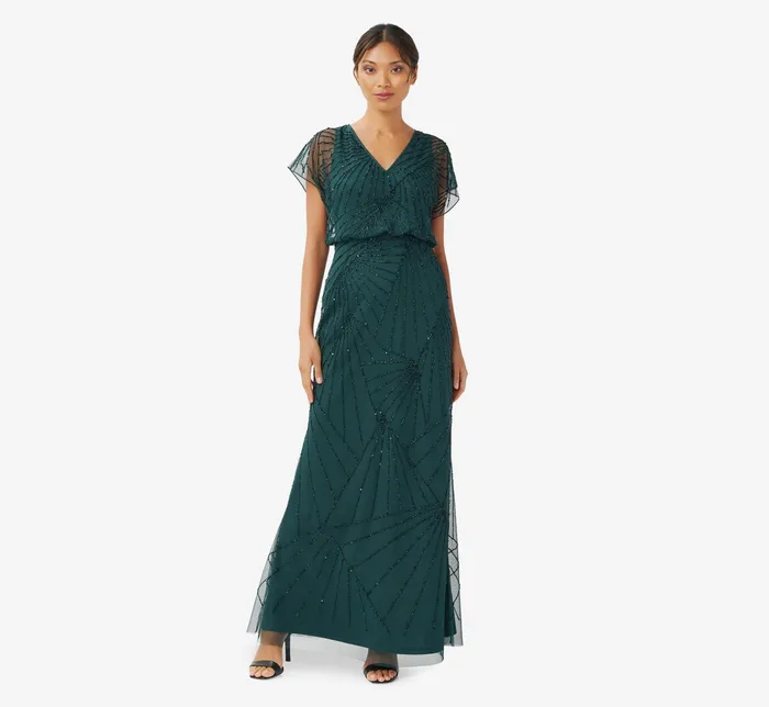 Adrianna Papell HandBeaded Blouson Long Gown With Flutter Sleeves In Blush Blush Women Long Dresses Adrianna Papell HandBeaded Blouson Long Gown With Flutter Sleeves In Blush Blush Women Long Dresses