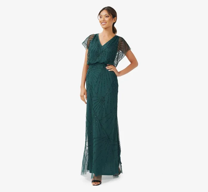 Adrianna Papell HandBeaded Blouson Long Gown With Flutter Sleeves In Blush Blush Women Long Dresses Adrianna Papell HandBeaded Blouson Long Gown With Flutter Sleeves In Blush Blush Women Long Dresses