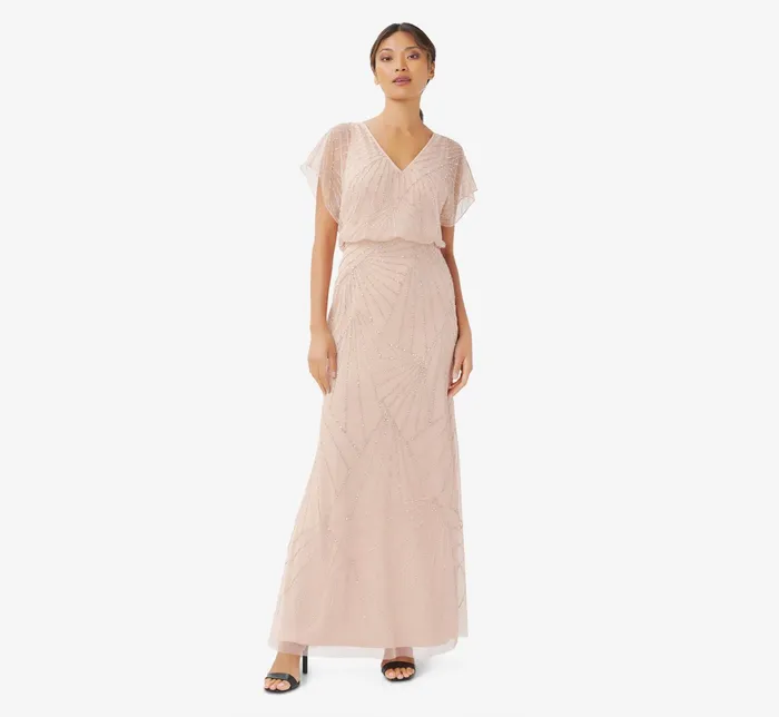 Adrianna Papell HandBeaded Blouson Long Gown With Flutter Sleeves In Champagne Gold ChampagneGold Women Formal Dresses Adrianna Papell HandBeaded Blouson Long Gown With Flutter Sleeves In Champagne Gold ChampagneGold Women Formal Dresses