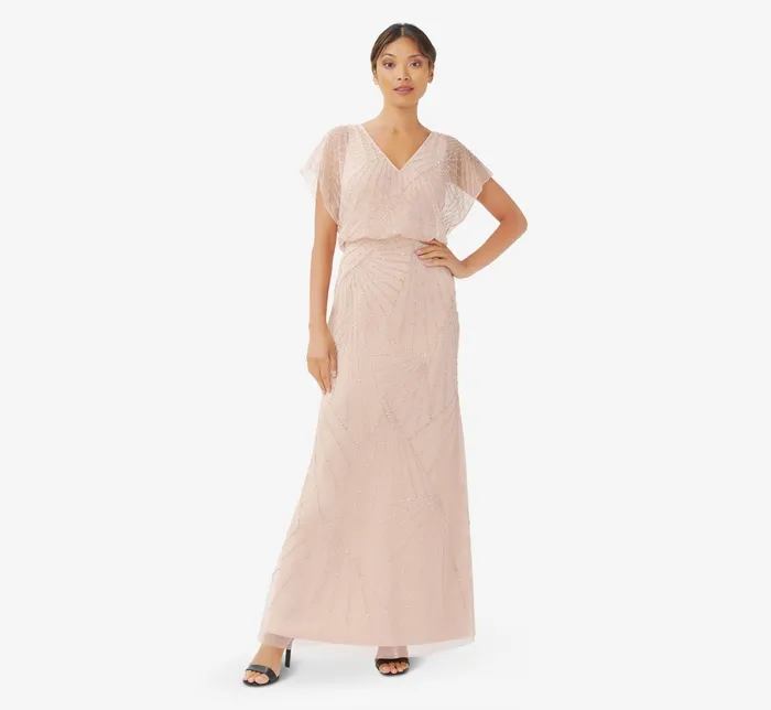 Adrianna Papell HandBeaded Blouson Long Gown With Flutter Sleeves In Champagne Gold ChampagneGold Women Formal Dresses Adrianna Papell HandBeaded Blouson Long Gown With Flutter Sleeves In Champagne Gold ChampagneGold Women Formal Dresses