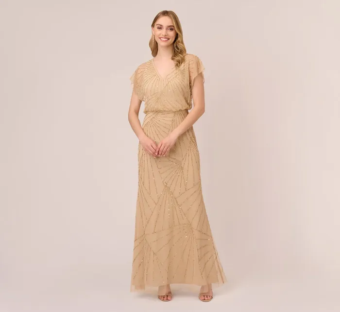 Adrianna Papell HandBeaded Blouson Long Gown With Flutter Sleeves In Champagne Gold ChampagneGold Women Formal Dresses Adrianna Papell HandBeaded Blouson Long Gown With Flutter Sleeves In Champagne Gold ChampagneGold Women Formal Dresses