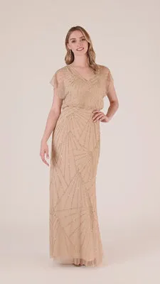 Adrianna Papell HandBeaded Blouson Long Gown With Flutter Sleeves In Champagne Gold ChampagneGold Women Formal Dresses Adrianna Papell HandBeaded Blouson Long Gown With Flutter Sleeves In Champagne Gold ChampagneGold Women Formal Dresses