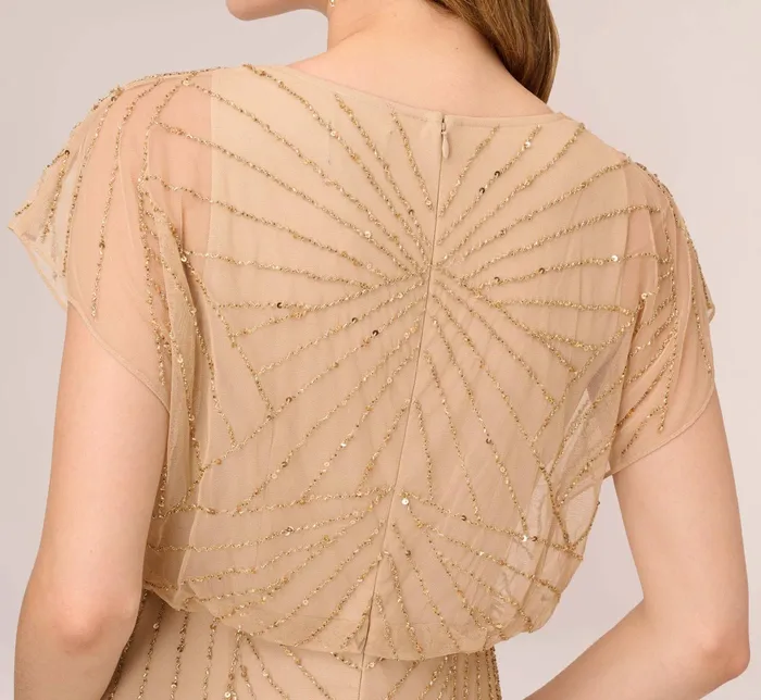 Adrianna Papell HandBeaded Blouson Long Gown With Flutter Sleeves In Champagne Gold ChampagneGold Women Formal Dresses Adrianna Papell HandBeaded Blouson Long Gown With Flutter Sleeves In Champagne Gold ChampagneGold Women Formal Dresses
