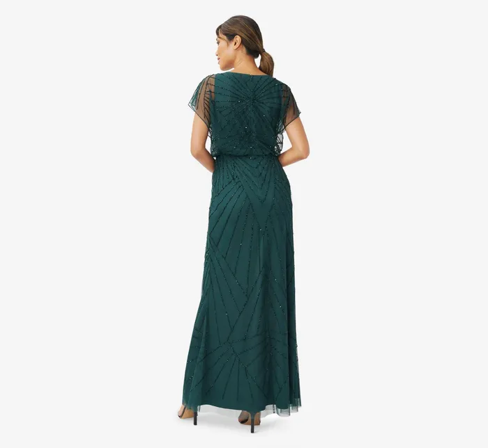 Adrianna Papell HandBeaded Blouson Long Gown With Flutter Sleeves In Champagne Gold ChampagneGold Women Formal Dresses Adrianna Papell HandBeaded Blouson Long Gown With Flutter Sleeves In Champagne Gold ChampagneGold Women Formal Dresses