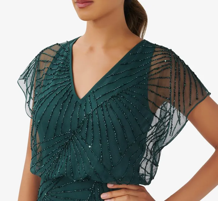 Adrianna Papell HandBeaded Blouson Long Gown With Flutter Sleeves In Champagne Gold ChampagneGold Women Formal Dresses Adrianna Papell HandBeaded Blouson Long Gown With Flutter Sleeves In Champagne Gold ChampagneGold Women Formal Dresses