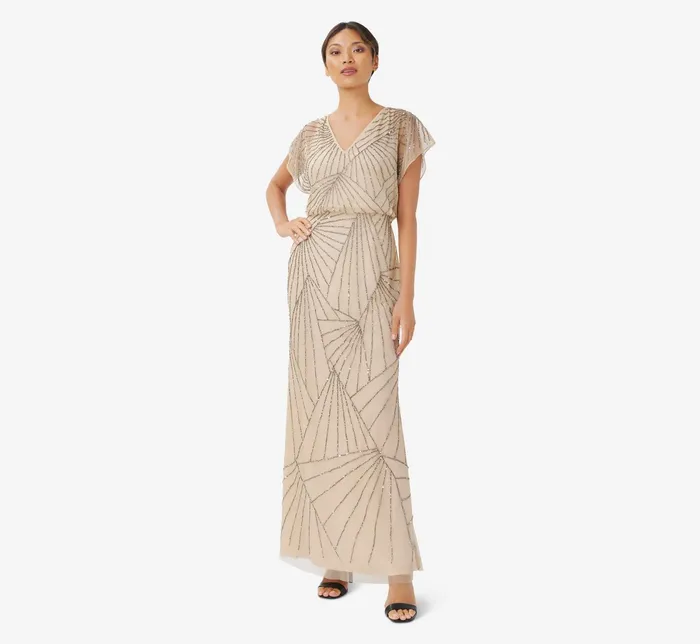 Adrianna Papell HandBeaded Blouson Long Gown With Flutter Sleeves In Champagne Gold ChampagneGold Women Formal Dresses Adrianna Papell HandBeaded Blouson Long Gown With Flutter Sleeves In Champagne Gold ChampagneGold Women Formal Dresses