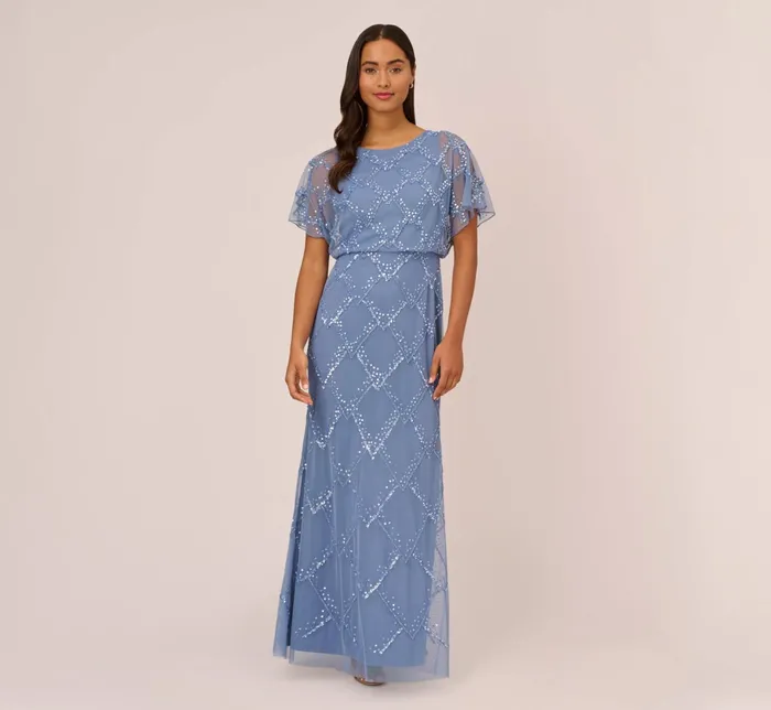 Adrianna Papell HandBeaded Blouson Long Gown With Flutter Sleeves In Light Navy Light Navy Women Long Dresses Adrianna Papell HandBeaded Blouson Long Gown With Flutter Sleeves In Light Navy Light Navy Women Long Dresses