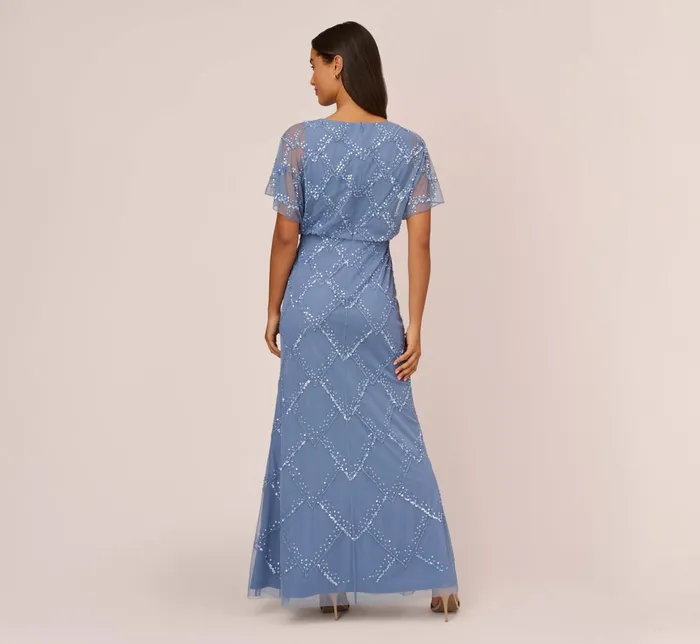 Adrianna Papell HandBeaded Blouson Long Gown With Flutter Sleeves In Light Navy Light Navy Women Long Dresses Adrianna Papell HandBeaded Blouson Long Gown With Flutter Sleeves In Light Navy Light Navy Women Long Dresses