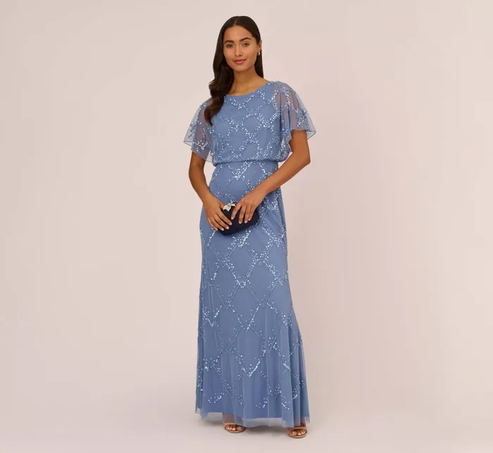 Adrianna Papell HandBeaded Blouson Long Gown With Flutter Sleeves In Light Navy Light Navy Women Long Dresses Adrianna Papell HandBeaded Blouson Long Gown With Flutter Sleeves In Light Navy Light Navy Women Long Dresses