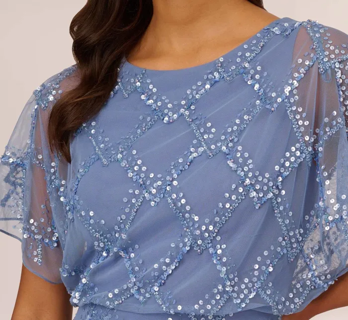 Adrianna Papell HandBeaded Blouson Long Gown With Flutter Sleeves In Light Navy Light Navy Women Long Dresses Adrianna Papell HandBeaded Blouson Long Gown With Flutter Sleeves In Light Navy Light Navy Women Long Dresses