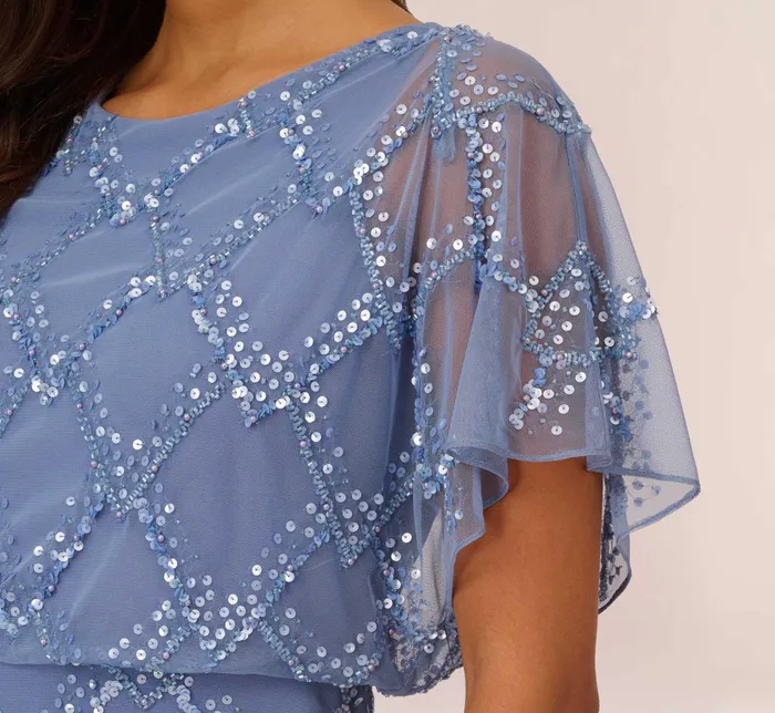 Adrianna Papell HandBeaded Blouson Long Gown With Flutter Sleeves In Light Navy Light Navy Women Long Dresses Adrianna Papell HandBeaded Blouson Long Gown With Flutter Sleeves In Light Navy Light Navy Women Long Dresses