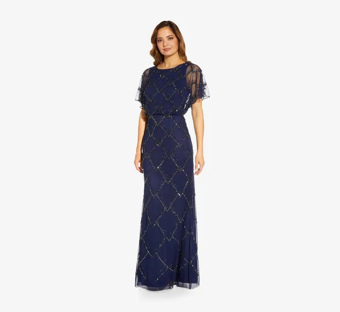 Adrianna Papell HandBeaded Blouson Long Gown With Flutter Sleeves In Light Navy Light Navy Women Long Dresses Adrianna Papell HandBeaded Blouson Long Gown With Flutter Sleeves In Light Navy Light Navy Women Long Dresses