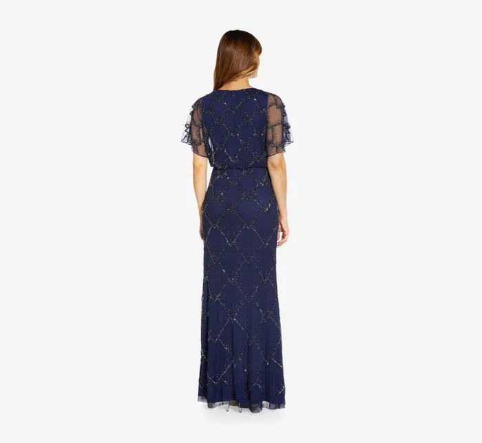 Adrianna Papell HandBeaded Blouson Long Gown With Flutter Sleeves In Light Navy Light Navy Women Long Dresses Adrianna Papell HandBeaded Blouson Long Gown With Flutter Sleeves In Light Navy Light Navy Women Long Dresses