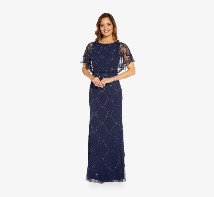 Adrianna Papell HandBeaded Blouson Long Gown With Flutter Sleeves In Light Navy Light Navy Women Long Dresses Adrianna Papell HandBeaded Blouson Long Gown With Flutter Sleeves In Light Navy Light Navy Women Long Dresses