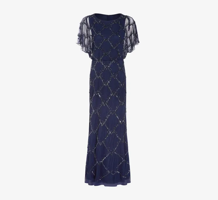 Adrianna Papell HandBeaded Blouson Long Gown With Flutter Sleeves In Light Navy Light Navy Women Long Dresses Adrianna Papell HandBeaded Blouson Long Gown With Flutter Sleeves In Light Navy Light Navy Women Long Dresses