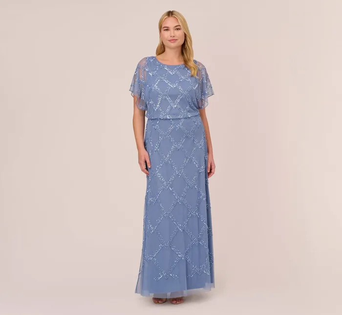 Adrianna Papell HandBeaded Blouson Long Gown With Flutter Sleeves In Light Navy Light Navy Women Long Dresses Adrianna Papell HandBeaded Blouson Long Gown With Flutter Sleeves In Light Navy Light Navy Women Long Dresses