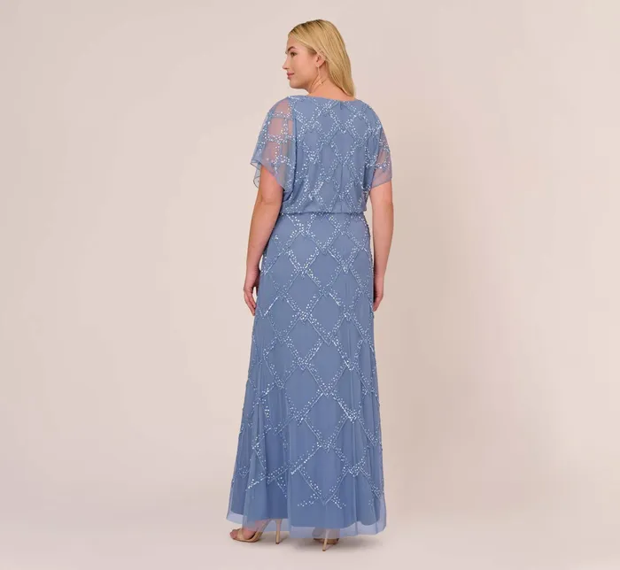 Adrianna Papell HandBeaded Blouson Long Gown With Flutter Sleeves In Light Navy Light Navy Women Long Dresses Adrianna Papell HandBeaded Blouson Long Gown With Flutter Sleeves In Light Navy Light Navy Women Long Dresses