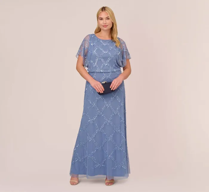 Adrianna Papell HandBeaded Blouson Long Gown With Flutter Sleeves In Light Navy Light Navy Women Long Dresses Adrianna Papell HandBeaded Blouson Long Gown With Flutter Sleeves In Light Navy Light Navy Women Long Dresses
