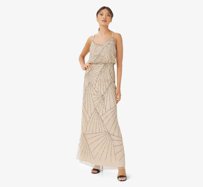 Adrianna Papell HandBeaded Blouson Long Sleeveless Gown In Nude Nude Women Long Dresses Adrianna Papell HandBeaded Blouson Long Sleeveless Gown In Nude Nude Women Long Dresses