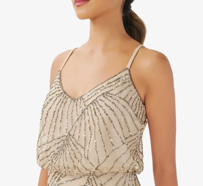 Adrianna Papell HandBeaded Blouson Long Sleeveless Gown In Nude Nude Women Long Dresses Adrianna Papell HandBeaded Blouson Long Sleeveless Gown In Nude Nude Women Long Dresses