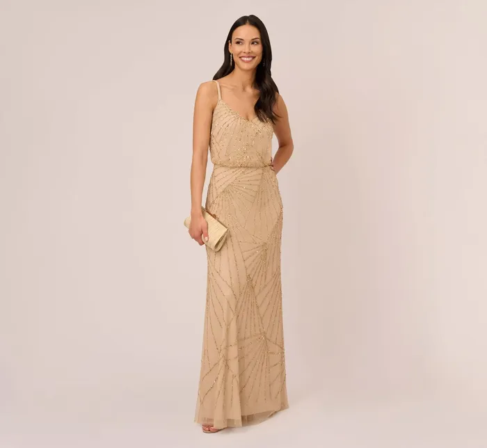 Adrianna Papell HandBeaded Blouson Long Sleeveless Gown In Nude Nude Women Long Dresses Adrianna Papell HandBeaded Blouson Long Sleeveless Gown In Nude Nude Women Long Dresses