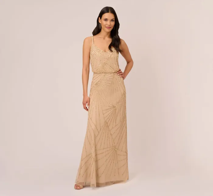 Adrianna Papell HandBeaded Blouson Long Sleeveless Gown In Nude Nude Women Long Dresses Adrianna Papell HandBeaded Blouson Long Sleeveless Gown In Nude Nude Women Long Dresses