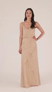 Adrianna Papell HandBeaded Blouson Long Sleeveless Gown In Nude Nude Women Long Dresses Adrianna Papell HandBeaded Blouson Long Sleeveless Gown In Nude Nude Women Long Dresses