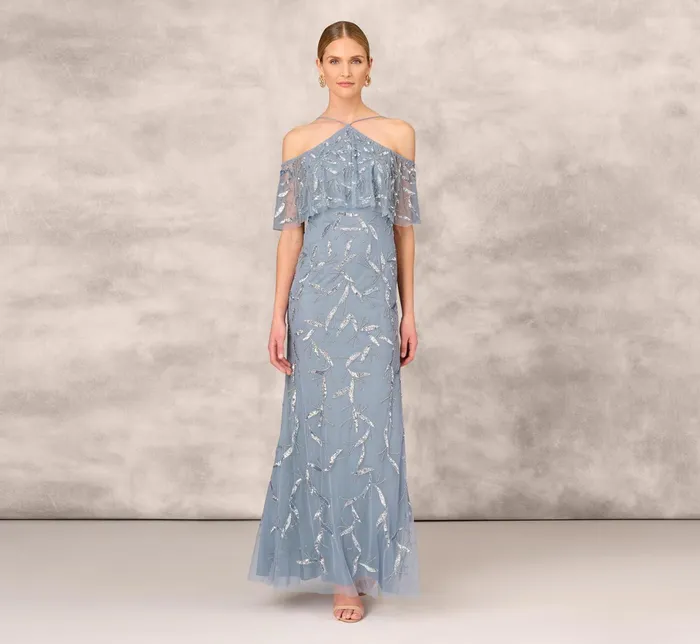 Adrianna Papell Hand Beaded Cold Shoulder Popover Long ALine Gown In Vintage Blue Vintage Blue Women Long Dresses Adrianna Papell Hand Beaded Cold Shoulder Popover Long ALine Gown In Vintage Blue Vintage Blue Women Long Dresses