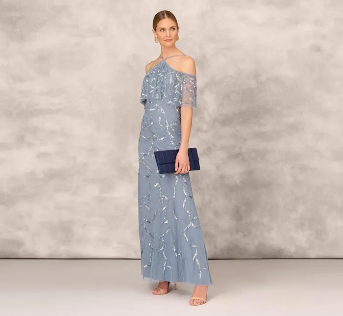Adrianna Papell Hand Beaded Cold Shoulder Popover Long ALine Gown In Vintage Blue Vintage Blue Women Long Dresses Adrianna Papell Hand Beaded Cold Shoulder Popover Long ALine Gown In Vintage Blue Vintage Blue Women Long Dresses